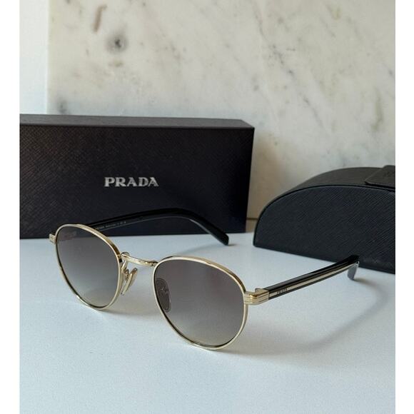 NEW Prada PR B52S Gold Grey Round Metal Sunglasses - Picture 1 of 7